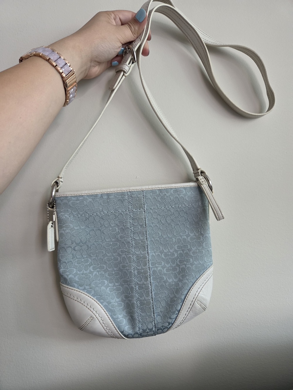 Coach Light Blue Jaquard Signature Crossbody Bag with White Trim